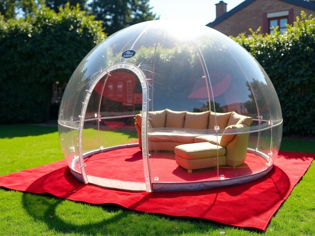 The image depicts a transparent dome structure set in a green lawn. Inside the dome, there is a stylish beige couch placed on a red carpet. The dome is made of clear material, allowing visibility from all angles. Surrounding the dome, lush greenery provides a natural backdrop. It offers a unique space for relaxation or social gatherings, blending indoor comfort with outdoor ambiance.