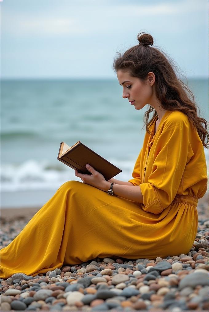 A woman in a flowing mustard dress sits on a pebble beach, absorbed in a book, with the calm ocean waves in the background.