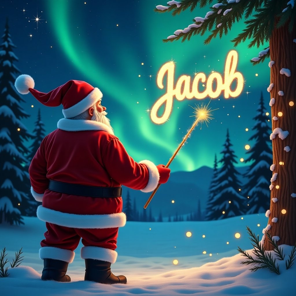 The image features Santa Claus standing with his back to the viewer, gazing in awe at the colorful northern lights. He is positioned beside a tree, surrounded by a sparkling winter landscape. The night sky is filled with vibrant colors that create a magical ambiance. Santa is dressed in a classic red outfit with a pointed hat, emphasizing the festive theme. He uses a wand to write the name 'Jacob' in shimmering letters, enhancing the enchanting atmosphere of the scene.