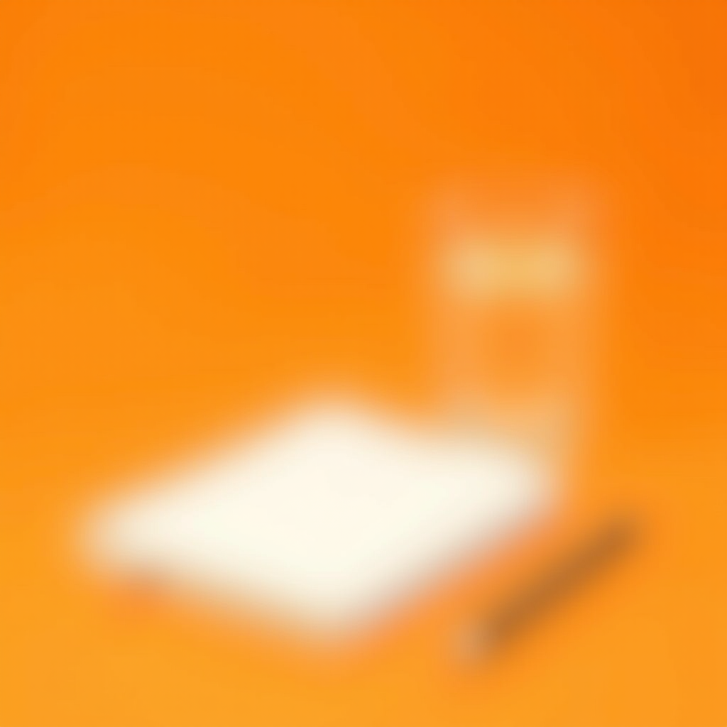 A blurred image showcasing a notebook, pencil, and cup against an orange background.