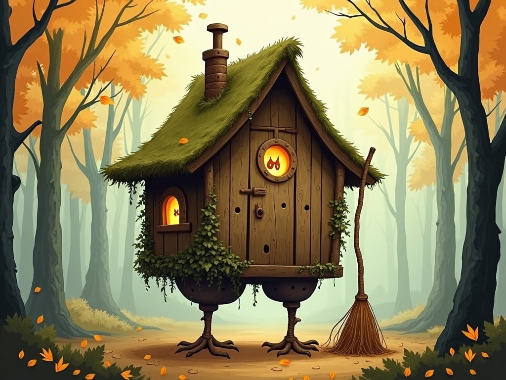 The image depicts a whimsical wooden house nestled in an autumn forest. Its thatched roof is covered in lush green moss, and it stands on two bird-like legs. Windows emit a warm glow, suggesting life within. Surrounding trees are adorned with golden leaves, creating a picturesque fairy tale scene. A broom leans against the house, hinting at magical elements in this enchanting environment.