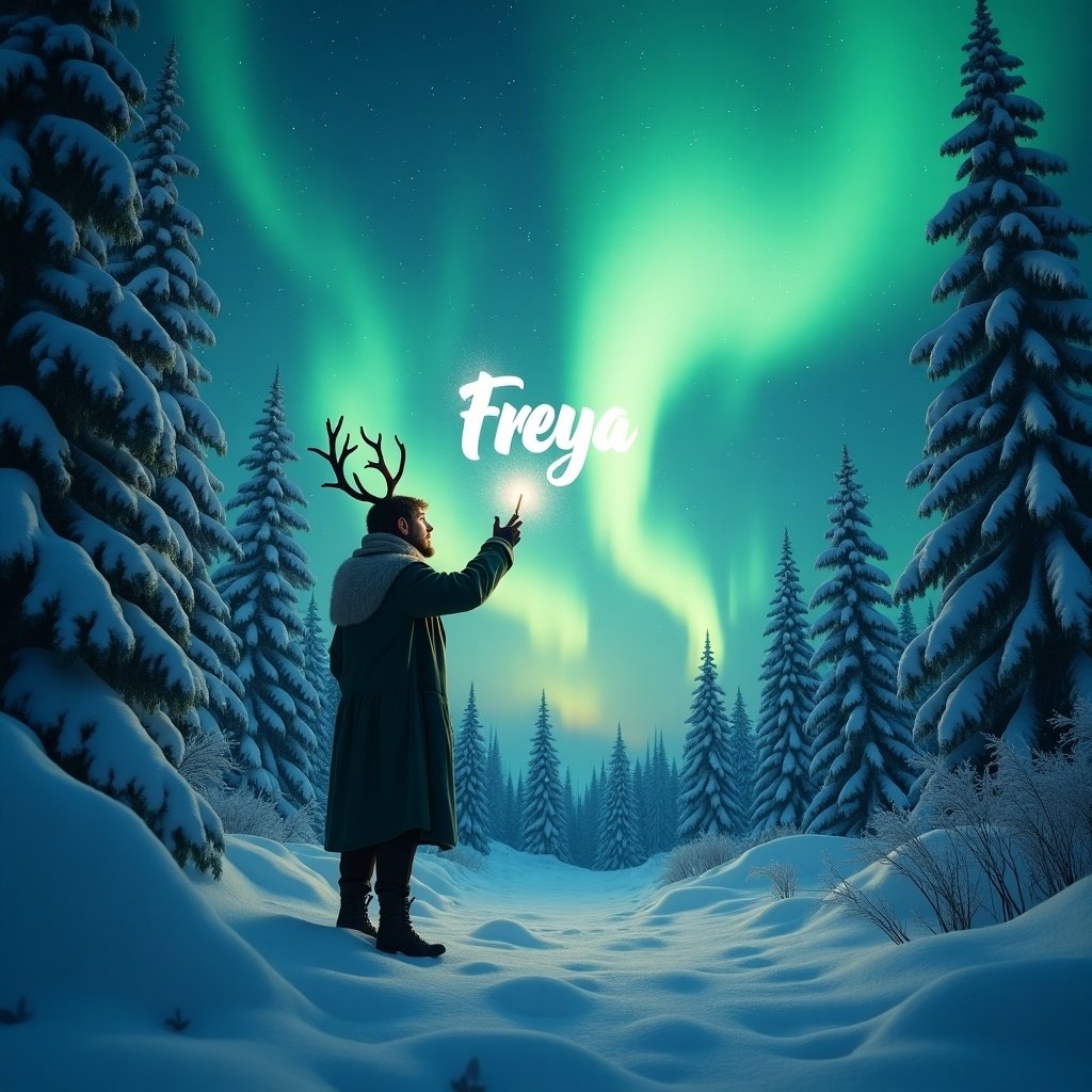 A mystical scene depicts an elf standing in a snow-covered forest. The vibrant northern lights illuminate the sky in shades of green and blue. The elf, adorned with antlers, gazes in awe at the spectacle above. Snow-laden trees surround him, creating a serene winter wonderland. Using a magic wand, the elf elegantly writes the name 'Freya' in the air, enhancing the magical atmosphere. The elf writes names in a shimmering light.