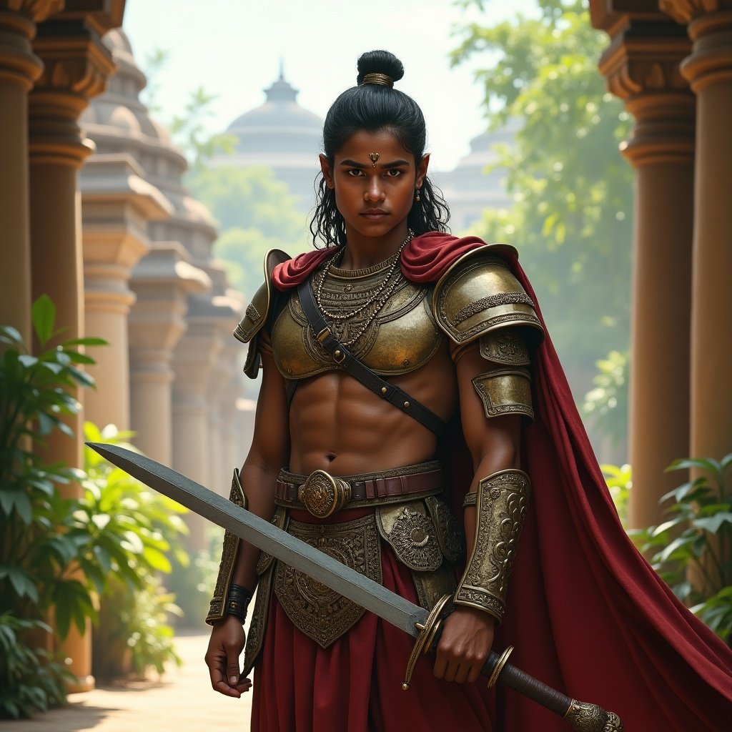 A young warrior stands confidently in an ornate armor, holding a sword. The setting is an ancient South Indian kingdom filled with lush greenery and stunning classical architecture. Sunlight filters through the intricately carved pillars, creating a mystique. The warrior's muscular form and focused expression highlight his readiness for battle. Vibrant colors and exquisite details emphasize the fantasy and heritage of the scene, inviting the viewer into a world of adventure.