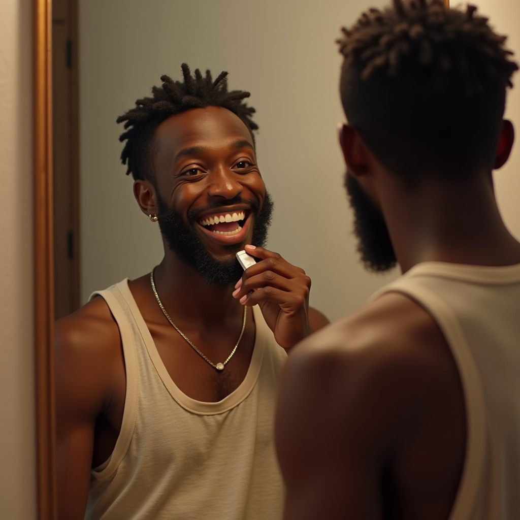 A man smiles in the mirror while trimming his beard with an electric clipper.