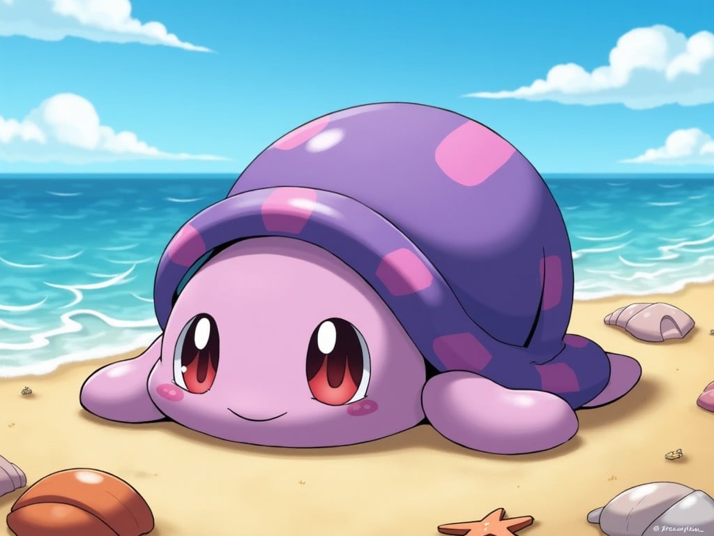 A cute cartoon-style creature resembling a turtle with purple and pink colors, lying on a sandy beach with the ocean in the background.