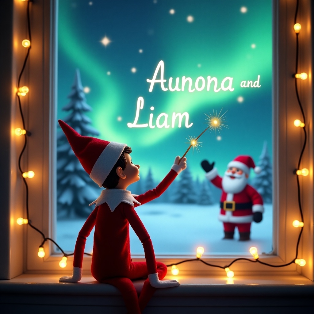 A cozy scene featuring an elf on the shelf with his back turned, positioned in front of a window. He's looking up at the night sky, using a magic wand to write 'Aurora and Liam' among the northern lights. The background is enchanting, showing a snowy landscape with a joyful Santa waving. String lights frame the window, adding a warm, festive glow. This image captures the magic of Christmas through a child's eyes, blending tradition with festive imagination.