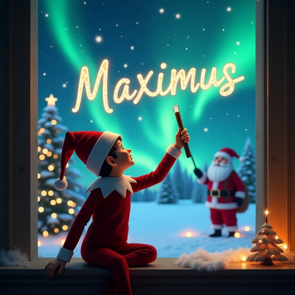 The image portrays a joyful Christmas scene featuring a young elf on the shelf. The elf, dressed in a vibrant red outfit with a pointed hat, sits at a window. He faces the sky, holding a wand illuminating a magical glow. In the air, he writes the name 'Maximus' with sparkling light. Outside the window, a beautiful winter landscape unfolds with twinkling snow and a visible Santa Claus in the background. The sky is painted with enchanting northern lights, enhancing the festive mood of the illustration.