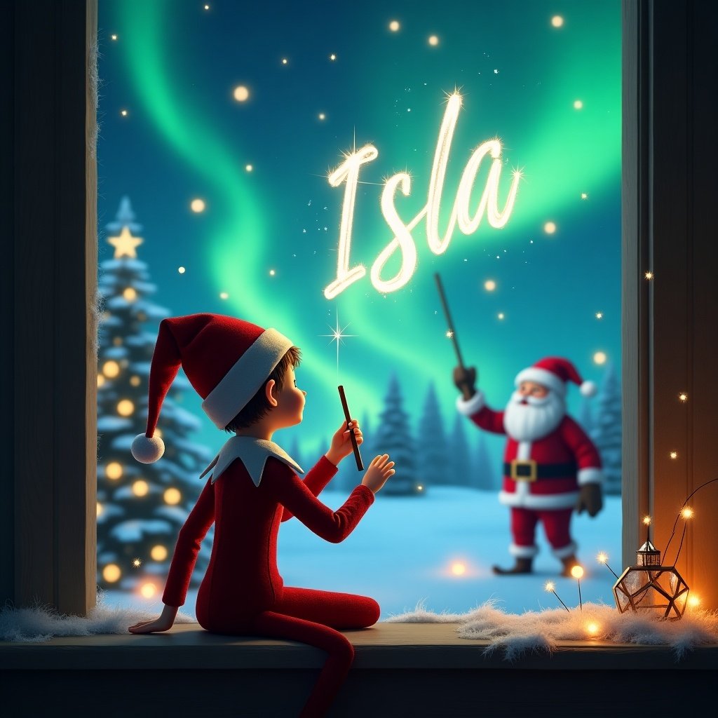 The image depicts an enchanting Christmas scene. An elf on the shelf sits on a windowsill, facing the outdoors. With a magical wand, the elf is writing the name 'Isla' in the sky. The background features a beautiful display of northern lights. Santa Claus is seen in the distance, adding to the holiday spirit.