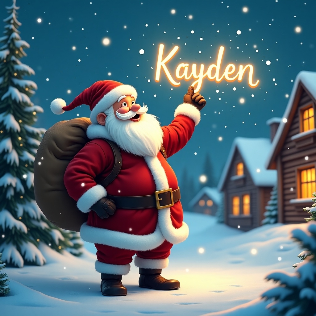 In this enchanting winter scene, Santa Claus is dressed in his iconic red suit, complete with a fluffy white beard and a large sack over his shoulder. He's standing in a snowy village, pointing up at the sky where he is magically writing the name 'Kayden' with glowing light. Snowflakes gently fall around him, and charming wooden houses with warm lights can be seen in the background, surrounded by evergreen trees. The overall atmosphere is festive and joyful, capturing the spirit of Christmas. This image embodies the wonder of the holiday season, inviting feelings of happiness and nostalgia.