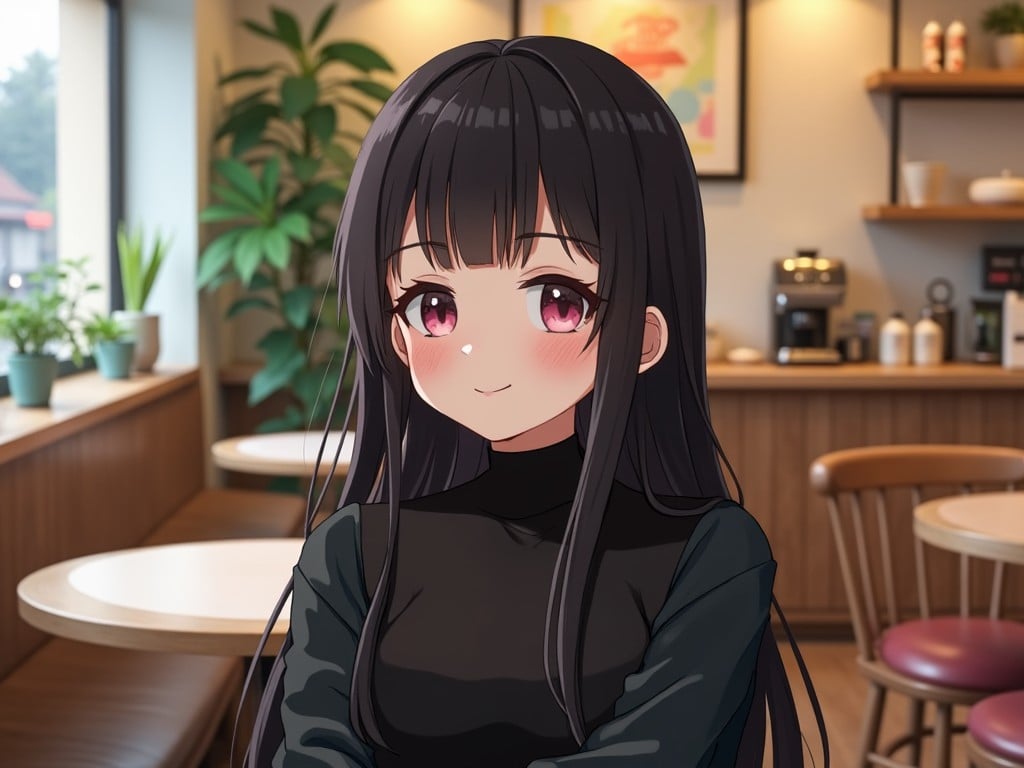 A cute girl with long black hair and big purple eyes sits in a cafe. She wears a stylish black sweater and blushes slightly, giving her a charming expression. The ambient lighting creates a warm, inviting atmosphere, highlighting her features. The cafe has wooden furnishings and a few green plants in the background. She appears relaxed, enjoying the cozy setting around her.