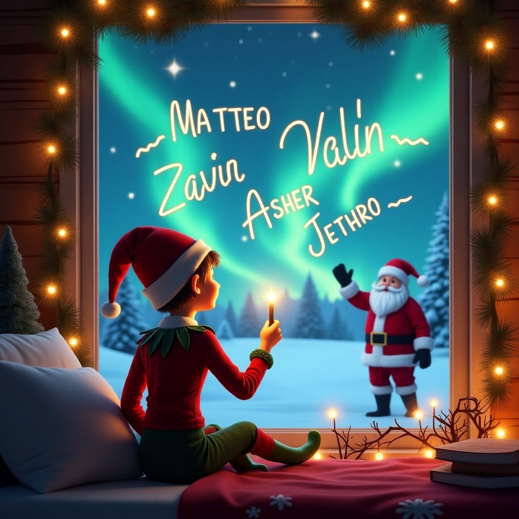 A cozy holiday scene features an elf seated by a window with his back to the viewer. The elf is facing a magical sky, holding a glowing wand and writing the names 'Matteo', 'Viah', 'Zavian', 'Asher', and 'Jethro' in glowing letters. Outside, the snowy landscape is illuminated by vibrant northern lights. In the distance, Santa Claus can be seen waving cheerfully. The window is framed with cozy holiday decorations, enhancing the festive atmosphere. The entire scene captures the enchanting spirit of Christmas beautifully.