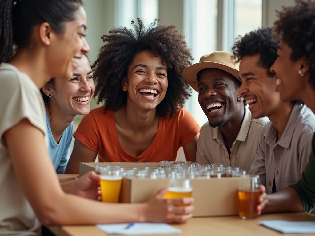 A group of young adults gathers around a table with a box filled with assorted beverages. They are laughing and enjoying each other's company. The scene conveys a sense of joy and camaraderie. The natural lighting highlights their vibrant expressions. This gathering represents friendship and shared experiences among diverse individuals.