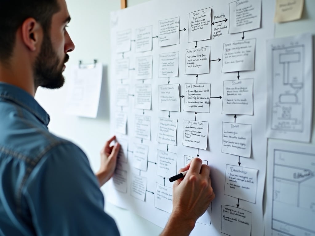 The image depicts a person actively engaged in writing on a whiteboard filled with various notes and plans. It showcases a corporate flow chart, illustrating interconnected ideas and processes. The detailed cards and templates highlight a structured approach amidst a vision of chaos. The background features blurred elements, resembling fragments of blueprints and cloth banners. Natural light enhances the clarity of the scene, making it suitable for educational or corporate contexts.