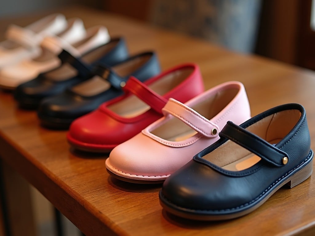 This image showcases a collection of girls' Mary Jane shoes neatly arranged in a row on a wooden table. The shoes come in various colors, including black, white, red, and pink. Each shoe features a classic Mary Jane style with a strap across the top, adding a touch of elegance. The soft natural lighting highlights the details and textures of the shoes, making them appealing. This arrangement is perfect for fashion retailers aiming to attract young customers with stylish options.