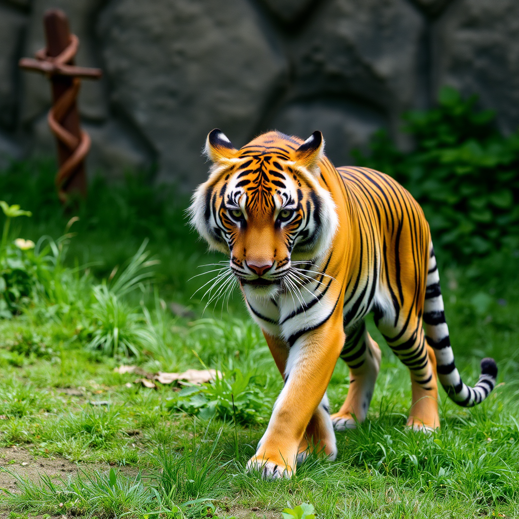 A tiger prowls gracefully through lush green grass, with its striking orange and black stripes prominent against the natural backdrop.