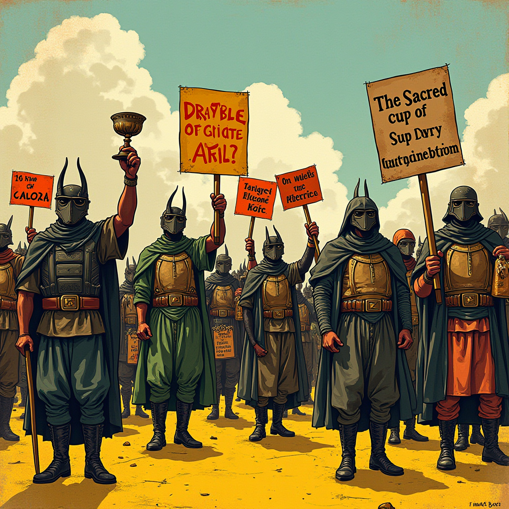 Medieval soldiers wearing helmets and armor hold protest signs and a chalice.