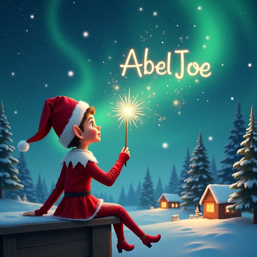 An elf sits on a wooden ledge with its back to the camera, gazing at a magical sky. The elf is dressed in a red outfit with a pointed hat and holds a sparkling wand. With the wand, the elf elegantly writes the names 'Abel Joe' in the starry sky. The background features a snowy landscape with charming little houses and evergreen trees under the shimmering Northern Lights. This whimsical scene captures the essence of childhood magic and Christmas cheer.