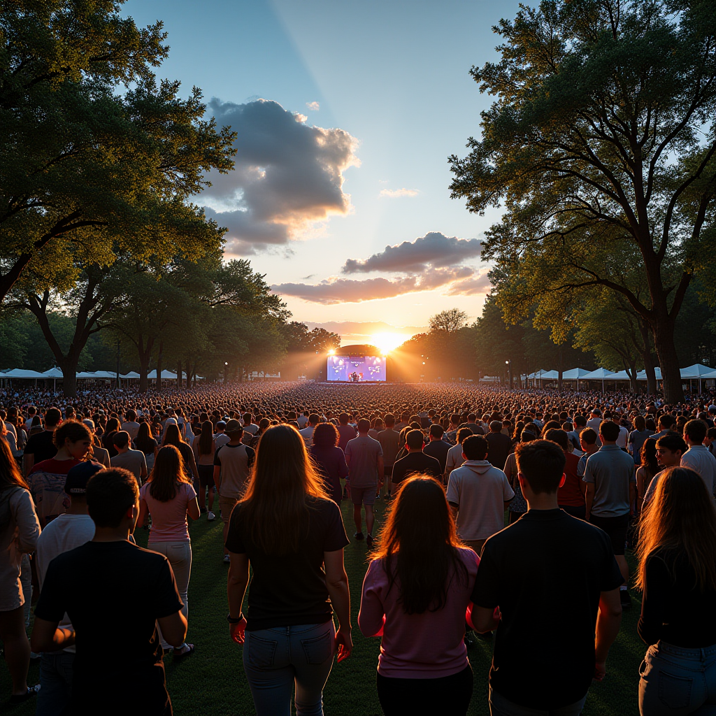 A large crowd enjoys a concert in a park at sunset.