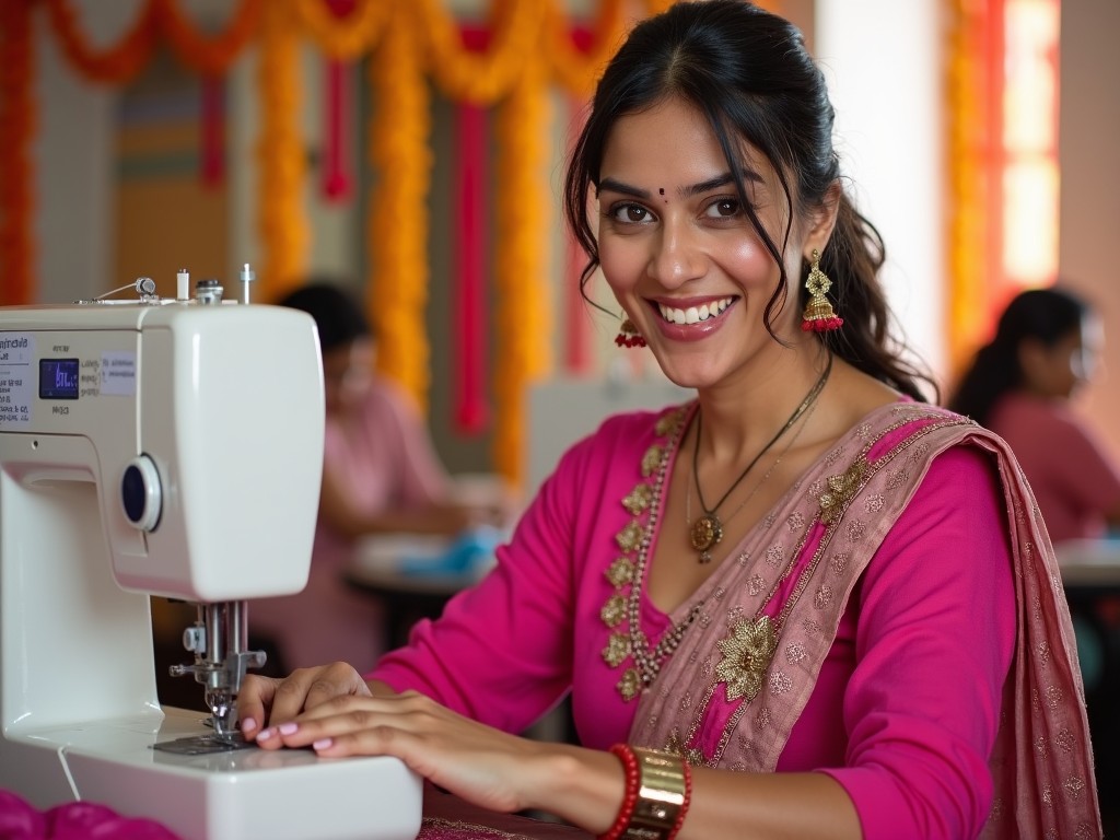 A woman wearing a pink traditional attire seated at a sewing machine, smiling in a well-lit room decorated with strings of marigold flowers, signifying a festive or cultural event. Other individuals are seen working in the background.