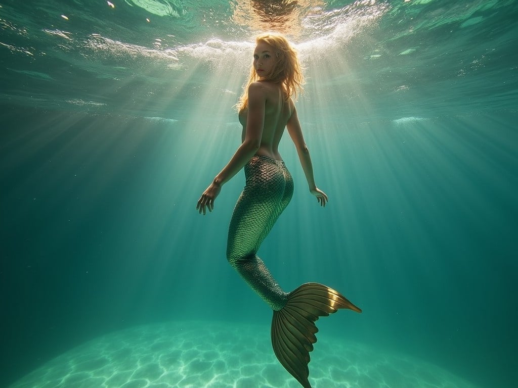 The image portrays an enchanting underwater setting featuring a mermaid gracefully swimming. Sunlight streams through the surface, casting shimmering patterns on the ocean floor. The rich, aquatic colors and the serene expression of the mermaid evoke a sense of wonder and tranquility.