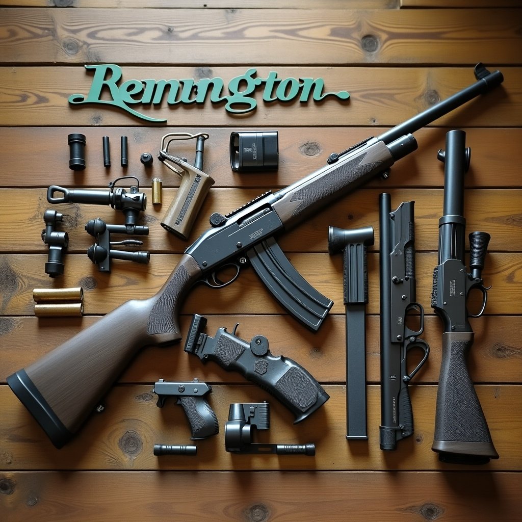 The image showcases a detailed arrangement of various Remington gun components. The centerpiece is a Remington shotgun, beautifully displayed against a wooden background. Surrounding the shotgun are various firearm parts and accessories, all carefully positioned to highlight their design and functionality. A green 'Remington' sign adds branding appeal to the layout. This artistic composition could attract viewers interested in firearms, hunting, or collectables.