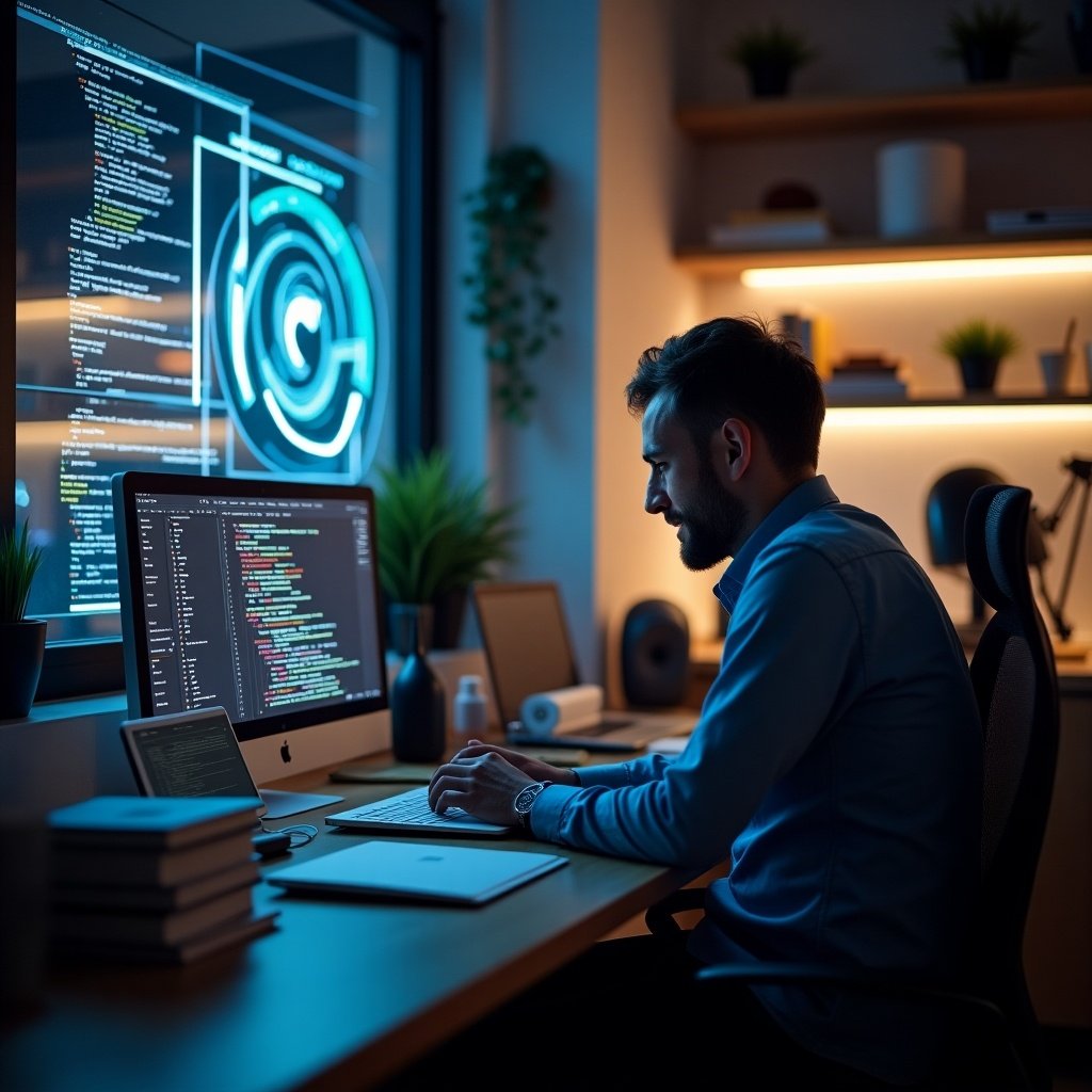 The image depicts a website developer immersed in coding at a modern desk setup. He is working on a sleek computer with code displayed on the screen, highlighting his skills in software development. The workspace is well organized, with plants and tech gear present for a contemporary vibe. Soft lighting enhances the focus on the screens and adds a cozy atmosphere. This scene showcases the essence of a professional coding environment.