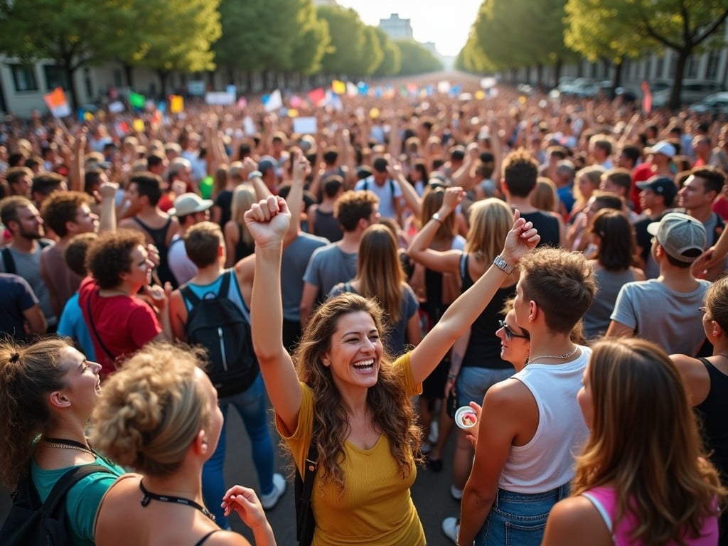 This image depicts a vibrant and energetic crowd gathered together, showcasing a wave of determination among participants. The scene captures the essence of a public demonstration, filled with enthusiastic individuals engaged in a common cause. A focal point in the image is a woman in a yellow top with a joyful expression, raising her fist in solidarity. Surrounding her, many others share in the spirited moment, making it a powerful representation of collective action. The bright lighting enhances the feeling of positivity and hope among the participants.