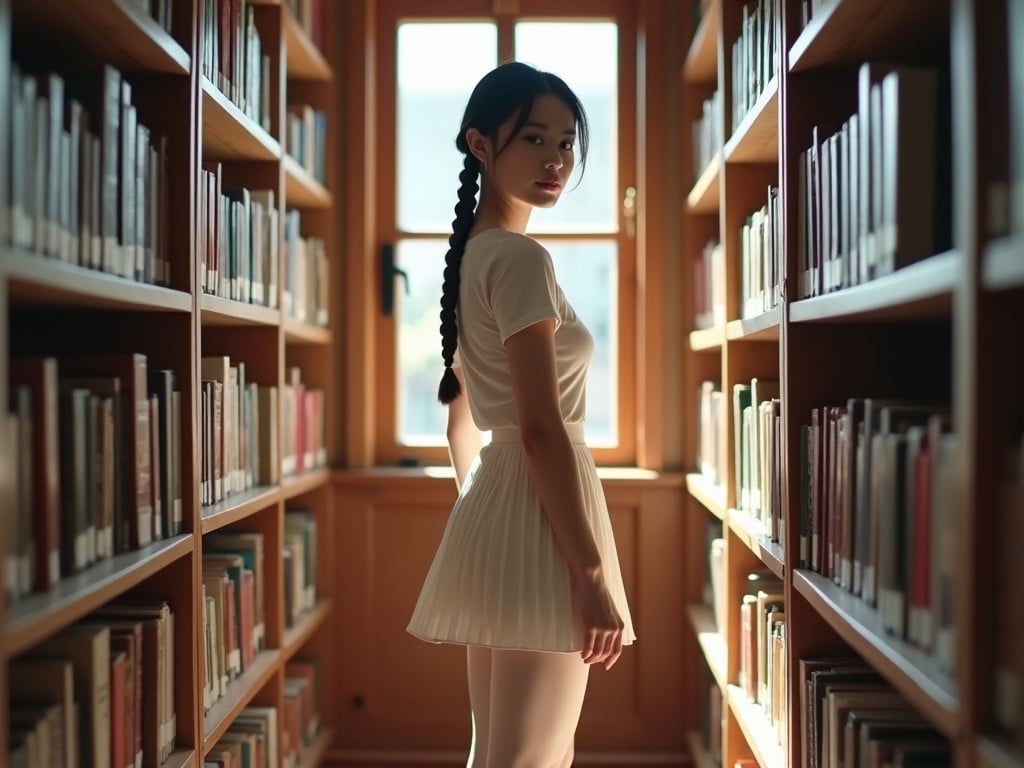 An Asian woman stands in a cozy library, surrounded by bookshelves. She is wearing a white, glossy pantyhose that catches the light beautifully. Her outfit includes a short-sleeved top and a pleated skirt, creating a stylish and modern look. The natural light from the window adds a warm ambiance to the scene. Her hair is styled in a braid, adding to the casual yet chic appearance.