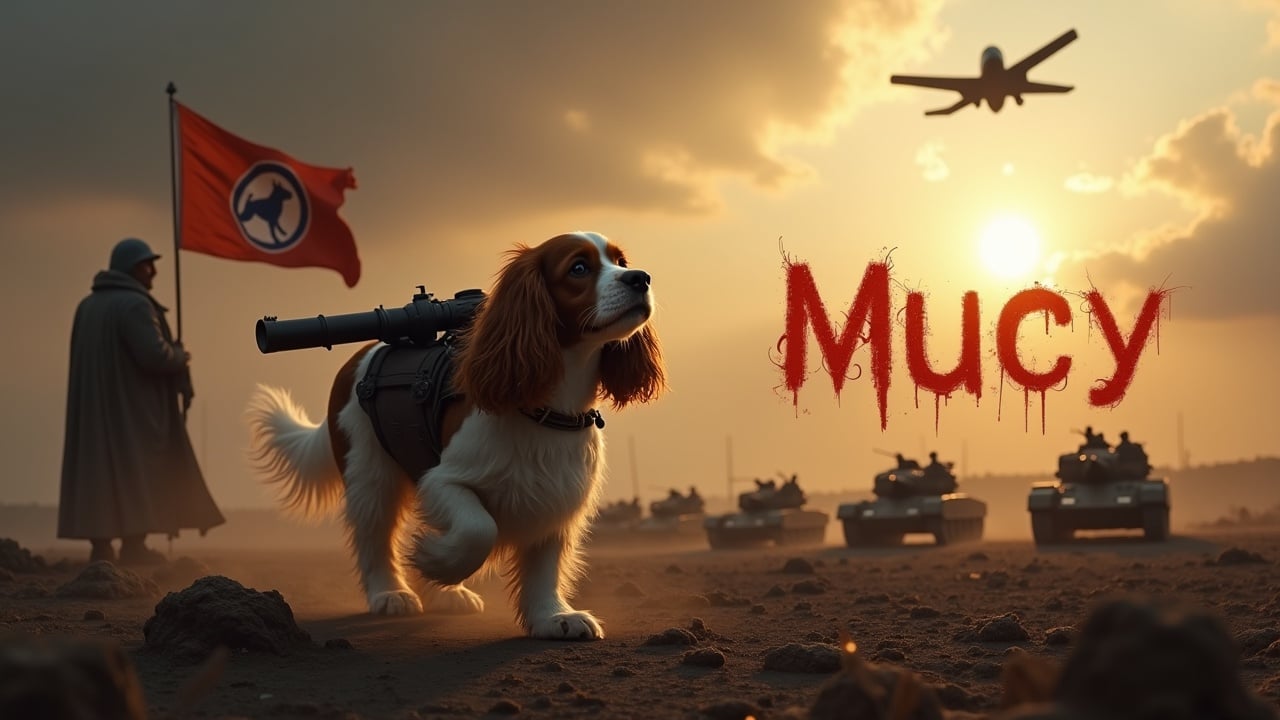 In a gloomy and dark setting, a fluffy brown and white cavalier king charles spaniel walks across a desolate battlefield. There is a howitzer strapped to its back. Nearby, a figure wearing a cloak stands valiantly holding a flag with a dog emblem. In the background are a multitude of small soldiers and tanks, barely visible among the shadows. The sky is lit by the bright radiance of the sun. A jet fighter passes overhead. We see the text 'Mucy' boldly displayed, in fiery writing.