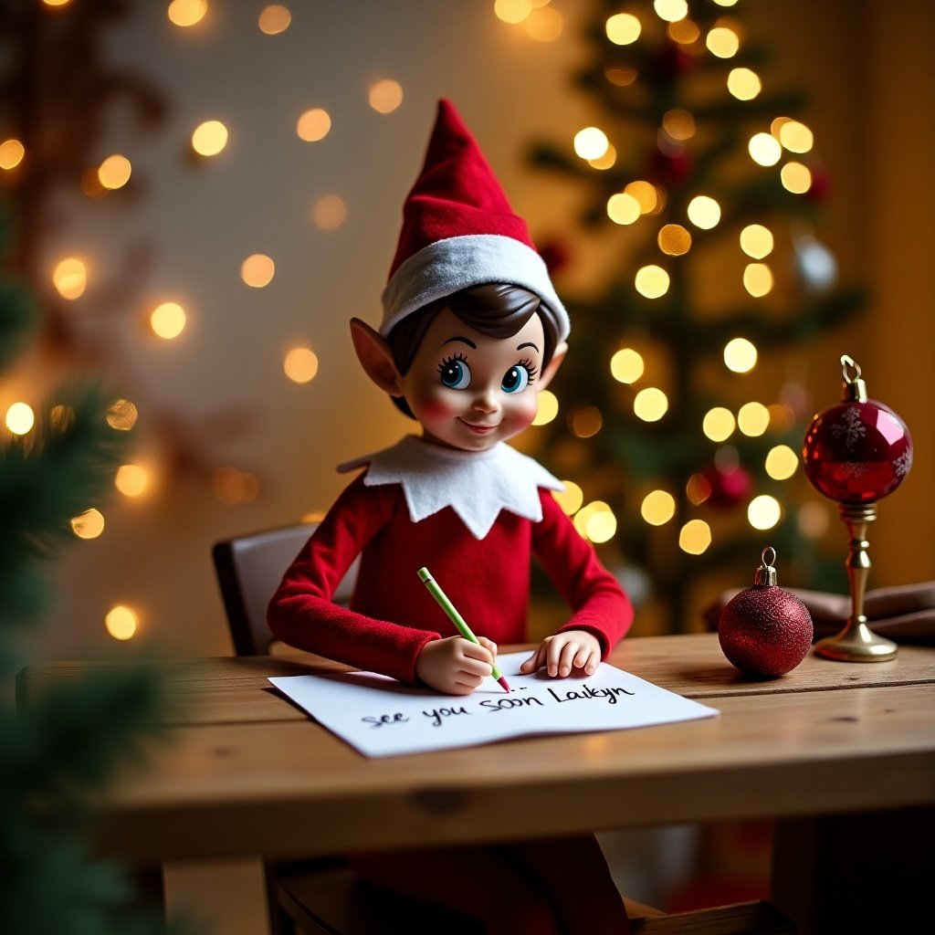 An enchanting Christmas scene that captures the spirit of the holiday season. At the centerpiece is an Elf on the Shelf, dressed in red and white, sitting at a wooden table. The elf is happily writing a note that says 'see you soon Laikyn.' The background features a beautifully decorated Christmas tree with twinkling lights, creating a warm and festive atmosphere. Additional holiday ornaments like a red bauble are also present on the table, enhancing the seasonal feel. This image embodies joy, magic, and the anticipation of Christmas.