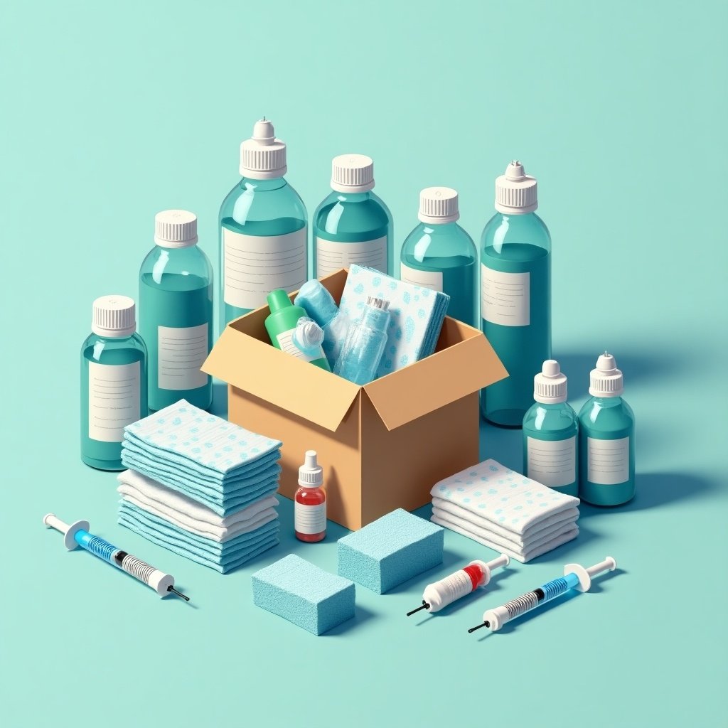 The image depicts an assortment of biomedical waste and medical supplies. A variety of bottles and containers are arranged around a central cardboard box. Some items are syringes and medical vials, while others include packs of medical material. The setting suggests a healthcare environment focused on waste management. The color palette features blues and greens, creating a clinical atmosphere.