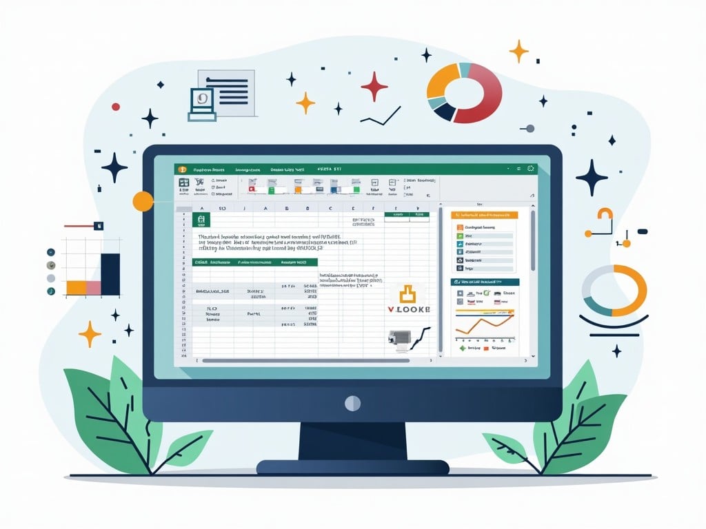 This image features a computer screen showing an Excel spreadsheet filled with data. Surrounding the screen are colorful graphical elements representing charts and icons related to data analysis. The overall design is vibrant and modern, highlighting the significance of spreadsheet software in work environments. The background is light, adding to the bright aesthetic of the image. Various visual elements such as leaves and geometric shapes emphasize a creative approach to technology and data. The composition aims to illustrate the usefulness of tools like Excel in everyday business and education contexts.