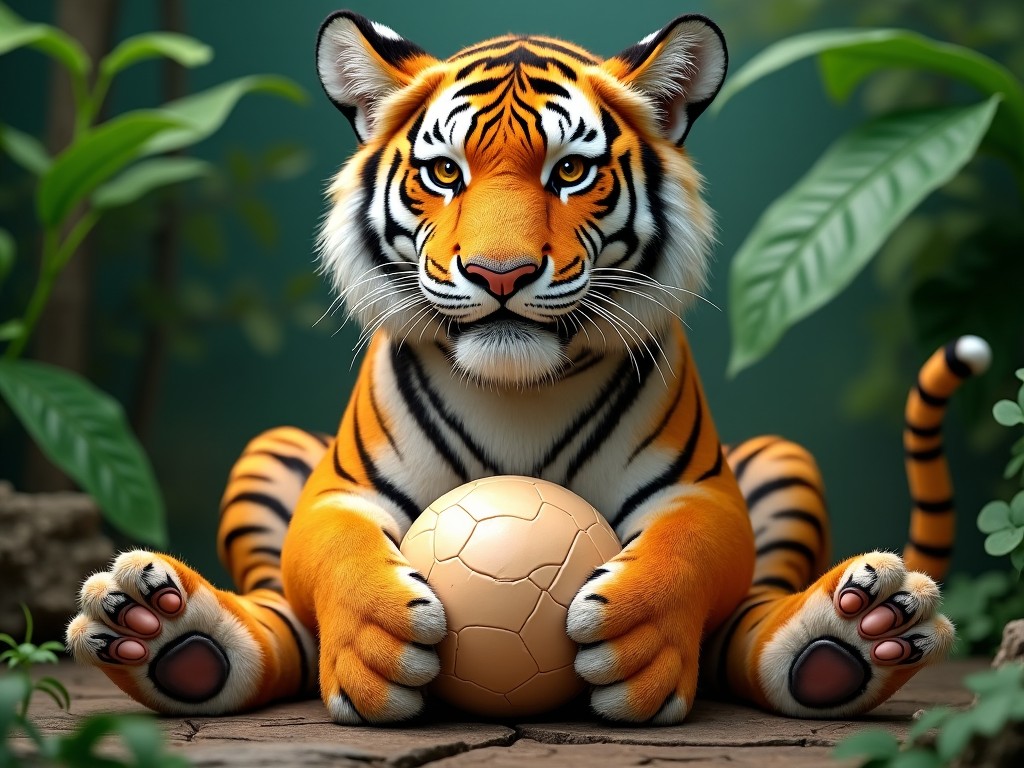 A playful tiger holding a cracked egg in a lush jungle setting, digital art