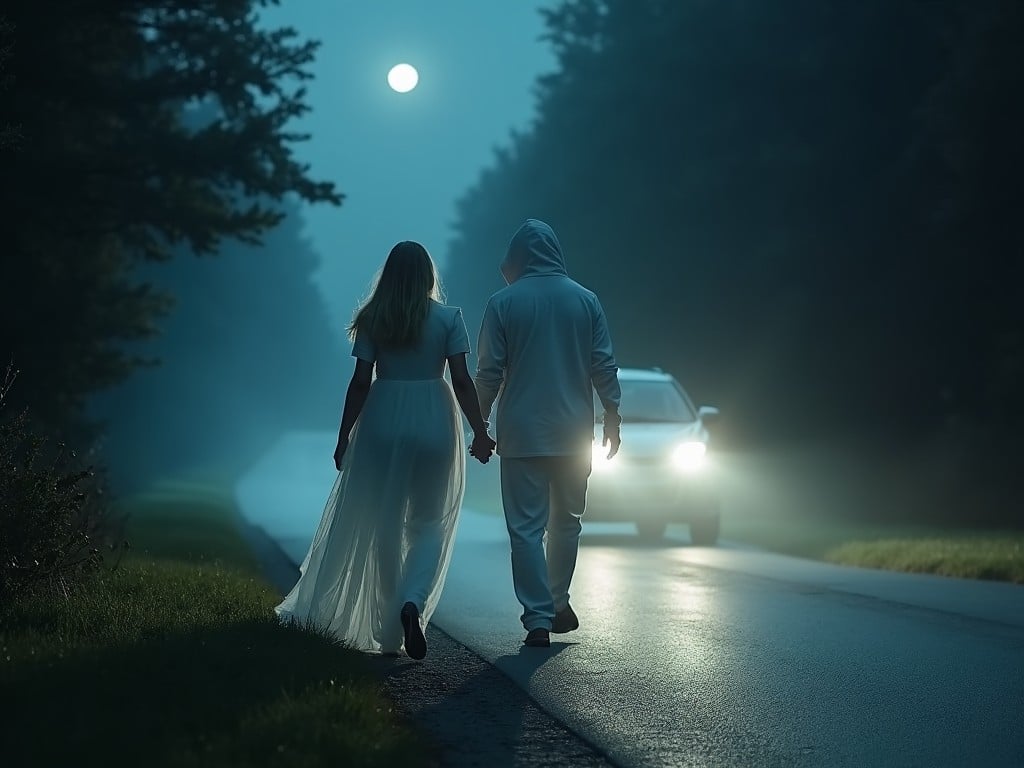 A couple walks hand-in-hand down a foggy road on a moonlit night. The woman wears a flowing white dress while the man is dressed in a hoodie. A car can be seen in the background, its headlights illuminating the path ahead. The surrounding trees fade into darkness, adding a sense of mystery. The atmosphere feels both romantic and eerie, creating a captivating scene that draws the viewer in.