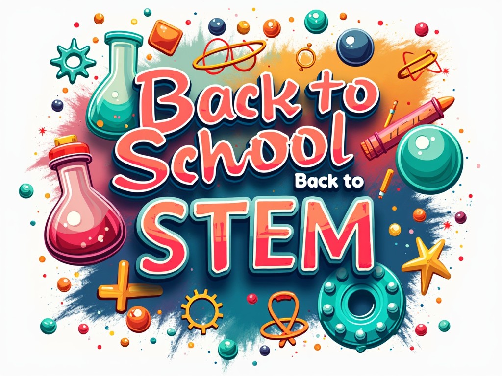 This vibrant illustration celebrates the start of the school year with a focus on STEM education. It features colorful elements like beakers, pencils, and mathematical symbols surrounding bold, playful text that reads 'Back to School, Back to STEM.' The image's energetic design captures the excitement and creativity associated with learning science, technology, engineering, and mathematics.