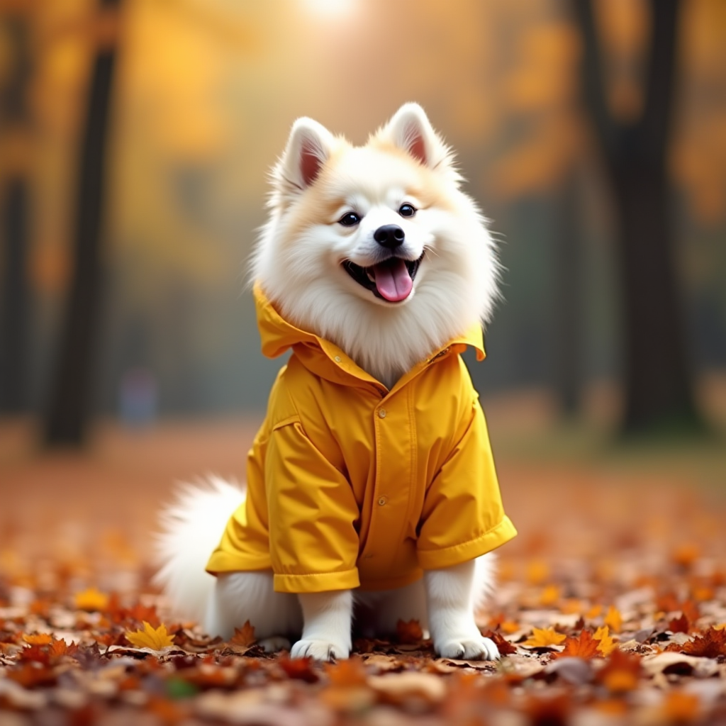 A fluffy white dog wears a yellow raincoat while sitting amidst fallen autumn leaves in a forest.