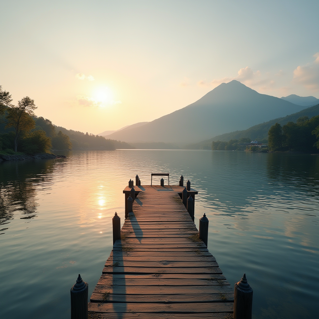 A wooden dock stretches into a calm lake with mountains in the distance and the sun setting, casting a warm glow over the scene.