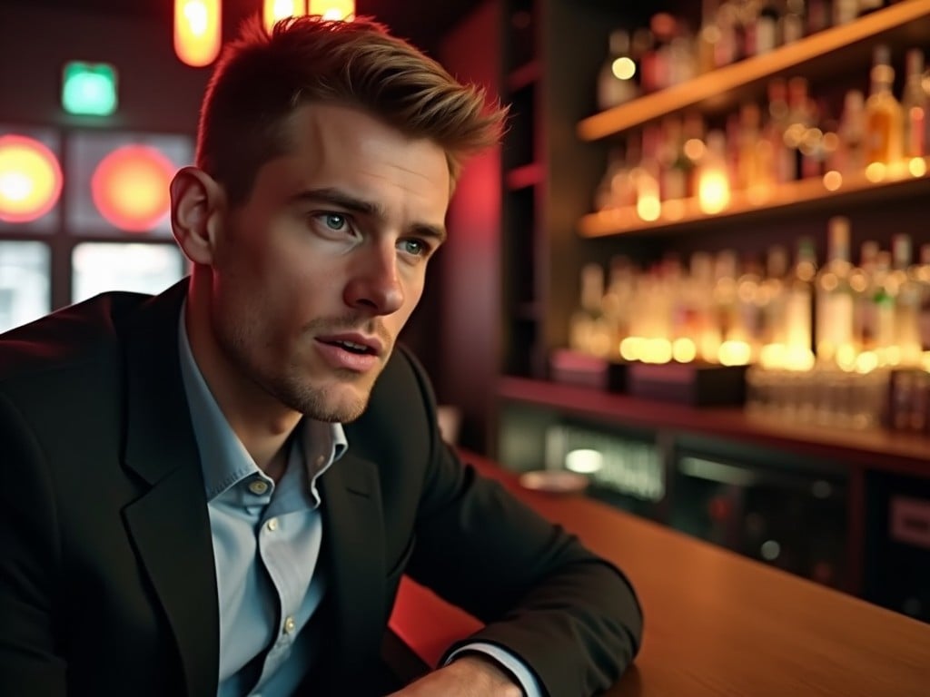 A young German man is seated at a chic bar counter, dressed in a smart suit. He has a serious expression, indicating an important conversation or moment of reflection. The bar is stylishly designed, illuminated with warm lighting that highlights the bottles behind him. His blue shirt contrasts with the darker tones of the bar environment. The overall atmosphere suggests a sophisticated and modern nightlife setting.