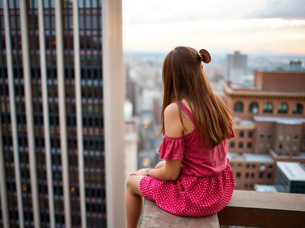 A girl sits on the edge of a rooftop, overlooking a cityscape. She is wearing a pink dress with polka dots, and her hair is adorned with a bow. The background features tall buildings, with the focus on her silhouette against the expansive urban view, conveying a sense of contemplation and adventure.