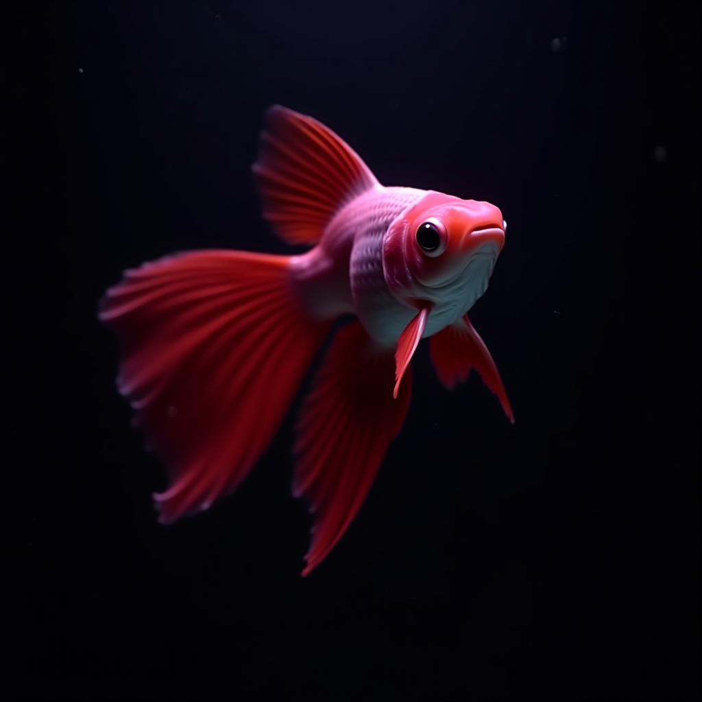 A vibrant red and pink fish gracefully swims against a dark background.