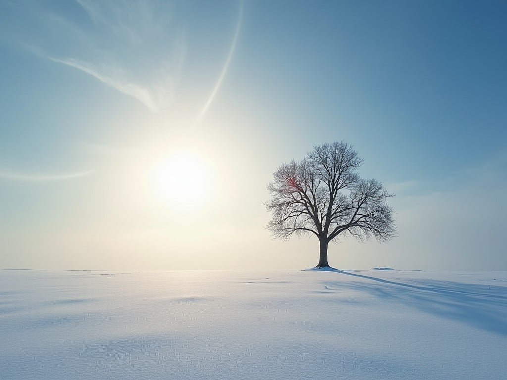 A solitary tree stands majestically in the middle of a vast snowy field, under a clear blue sky. The sun, positioned low in the sky, casts long, soft shadows across the snow, creating a serene and tranquil atmosphere. The empty branches of the tree suggest the cold, dormant season of winter.