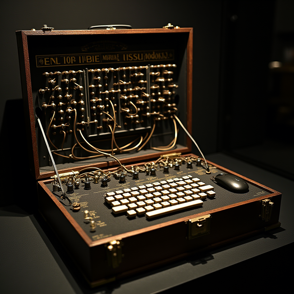 A steampunk-themed, retro-futuristic computing device with intricate wiring and vintage aesthetics.