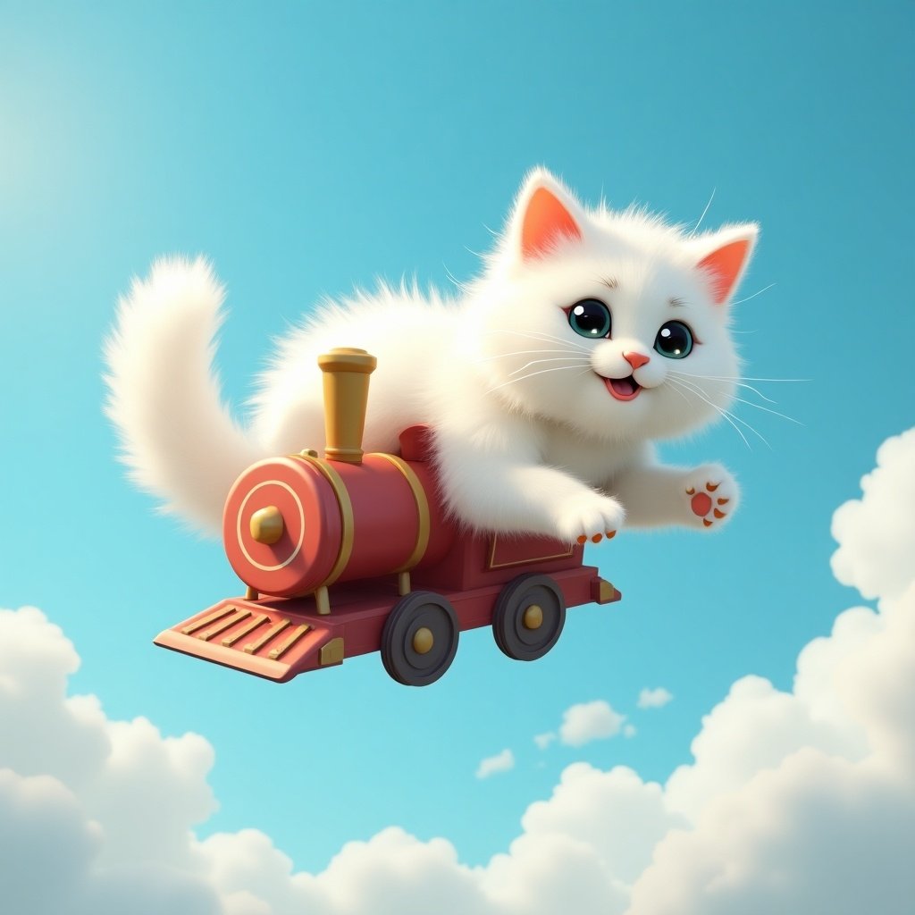 Imagine a fluffy white cat with big, sparkly eyes joyfully soaring through the sky. The cat is whimsically riding a small, colorful train, its paws playfully extended as if reaching for the clouds. The background is a bright blue sky filled with soft, fluffy clouds, enhancing the feeling of flight and adventure. This charming scene captures the playful spirit of a cat with a touch of fantasy. It's perfect for children's illustrations or merchandise.