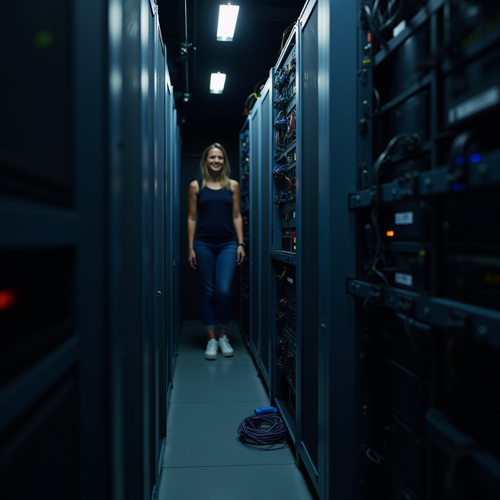 A person walks through a narrow corridor in a server room.