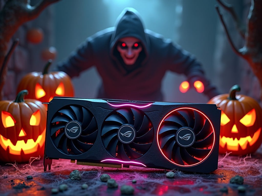 This image showcases the ASUS ROG Strix RTX 4090 graphics card in a Halloween-themed setting. The card is prominently displayed in the foreground, featuring its sleek design and vibrant RGB lighting. Surrounding the card are carved pumpkins with menacing faces, cobwebs, and eerie shadows creating a spooky ambiance. In the background, the character from Terrifier 3 looms menacingly, adding to the chilling atmosphere with a sinister grin. Bold colors and dramatic lighting enhance the excitement and fear, appealing directly to gamers seeking high performance this Halloween.