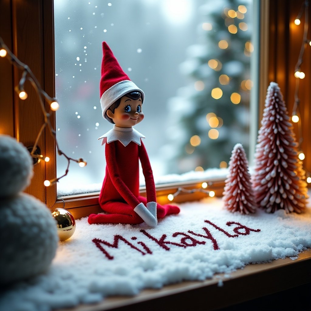 The image depicts a festive scene with an elf character known as the 'Elf on the Shelf' sitting on a window sill. The elf is playfully writing the name 'Mikayla' in the snow placed on the surface below. Outside the window, a picturesque winter landscape can be seen, with snowflakes gently falling. There are decorated Christmas trees in the background and soft, twinkling lights framing the window. The cozy atmosphere evokes the joy and magic of the holiday season.