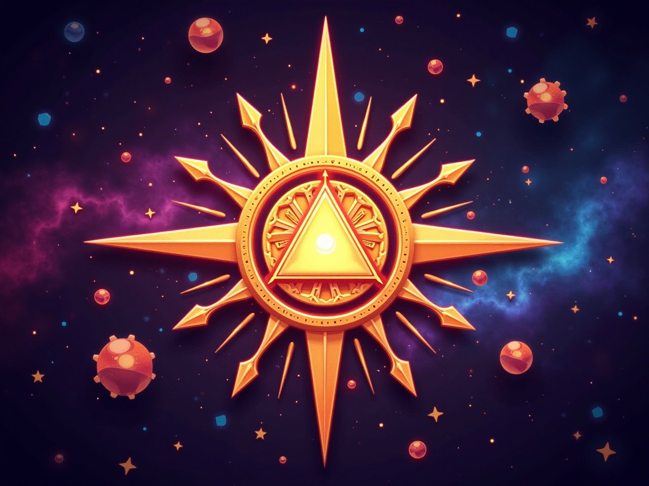 The image depicts an intricate geometric design set against a cosmic background reminiscent of an eighties video game cover. A radiant golden emblem featuring a triangle and circular motifs is at the center, glowing with a bright light. Surrounding this emblem are artistic rays and symbols that evoke a sense of adventure and mystique, typical of retro gaming art. The colors in the background are vibrant and psychedelic, blending purples, blues, and reds to create a sense of depth and movement. Various small, detailed elements, like stars and abstract shapes, are scattered throughout, adding to the overall nostalgic feel of the artwork.