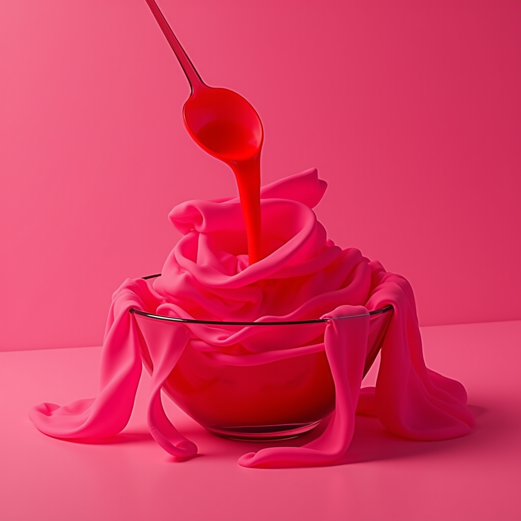 A vibrant pink fabric swirled in a bowl with red liquid being poured from a spoon.