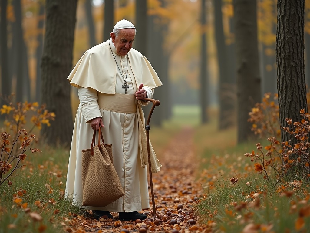 A serene scene captures a man in religious attire walking through an autumnal forest path. The ground is covered in fallen leaves, and trees with golden and orange leaves tower on either side, creating a peaceful and contemplative atmosphere. The figure's gentle demeanor and the soft, diffused lighting contribute to the tranquility of the scene.