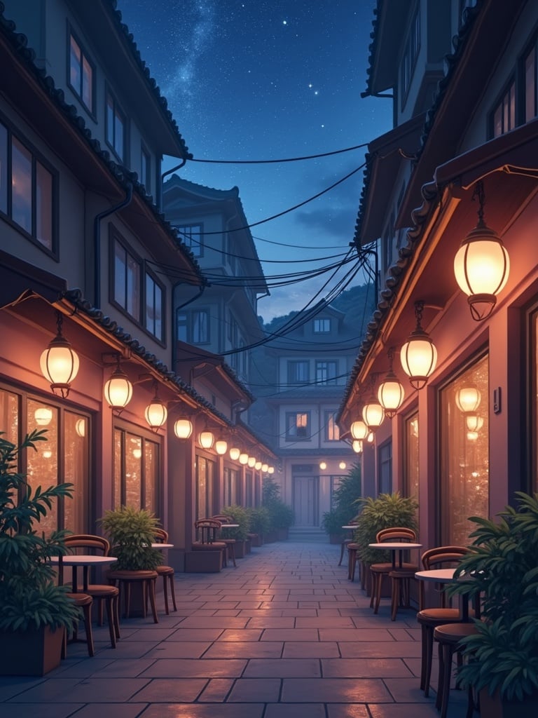 This enchanting image captures a serene night scene in a narrow alley lined with quaint buildings. The alleyway is elegantly lit by warm lanterns hanging from both sides, casting a soft glow on the cobblestone path. The sky above is dotted with stars, adding a magical feel to the quiet atmosphere.